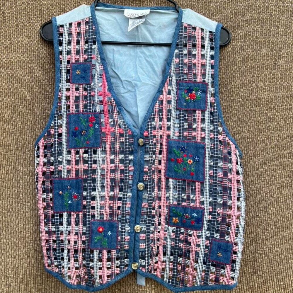 vintage Casey & Max cotton patchwork denim vest with a plaid lattice design and